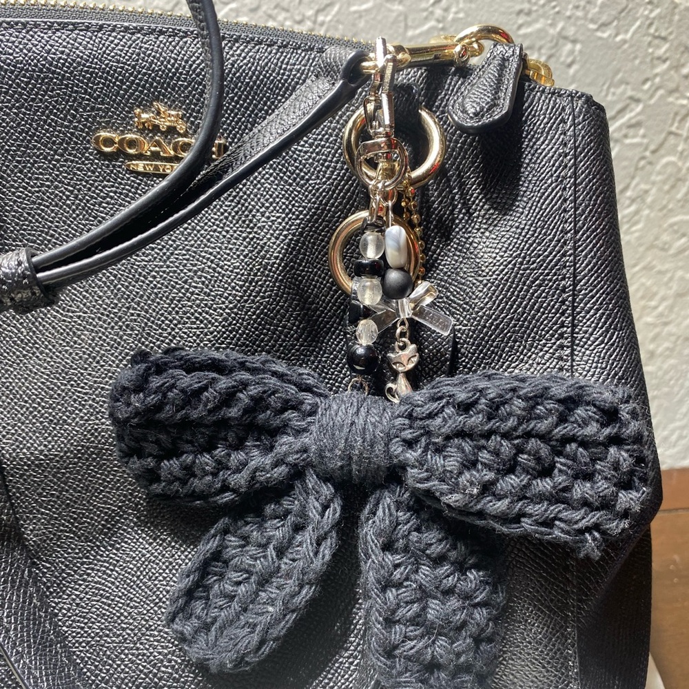 Handmade black crochet bow bag charm